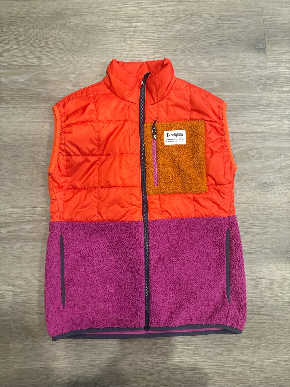 cotopaxi Orange, Purple and Mustard Colorblock Puffer-Fleece Vest